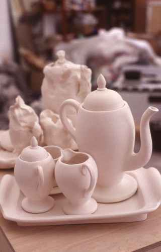 ‘Fast & Slow Coffee Sets’, 1993-94, clay, wood, paint (14 pieces) 180 x 35 x 31cm two times, Collection: The Potteries Museum and Art Gallery, Stoke on Trent