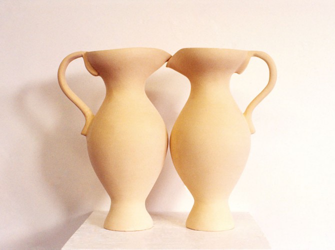 ‘Two Pitchers’, 1988, clay, wood, paint, dimensions?, Private Collection Switzerland