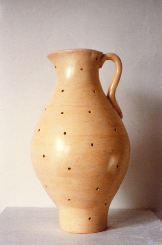 ‘Pitcher with holes’, 1988, clay, glaze, wood, paint