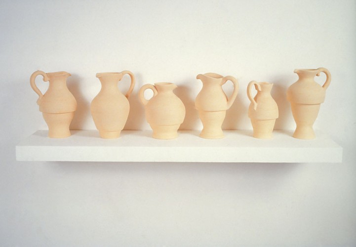 ‘Six Pitchers’, 1988-89, clay, wood, paint, 30.5 x 121.6 x 8cm, Private Collection, Germany