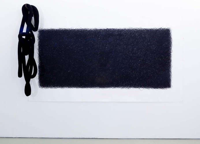 ‘Drawing & Sewn Sculpture’ 2018-2019 Charcoal on Fabriano Paper Black canvas, thread, metal bracket H150cm x W250cm x D40cm Photo: Dewi Tennat Lloyd